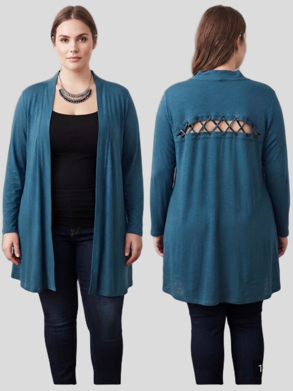 PENNINGTONS Teal Open Cardigan Jacket Lace-up Detail Back 4X
